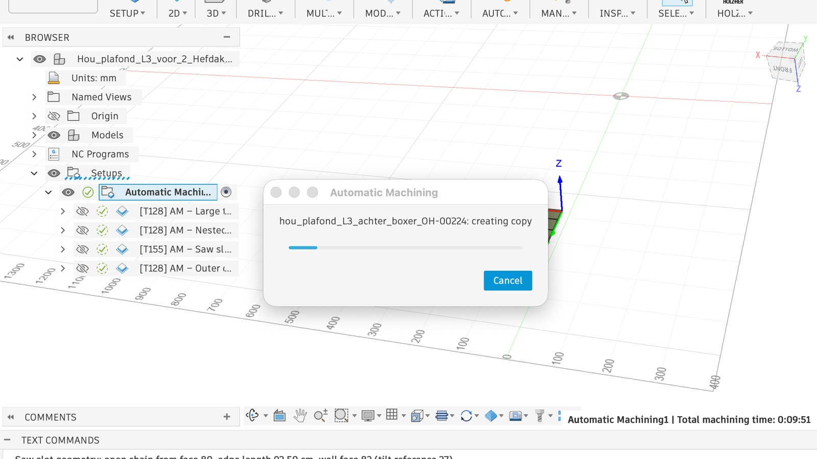 Automatic Machining add-in creating a working copy and running a batch CAM job inside Autodesk Fusion's Manufacture workspace