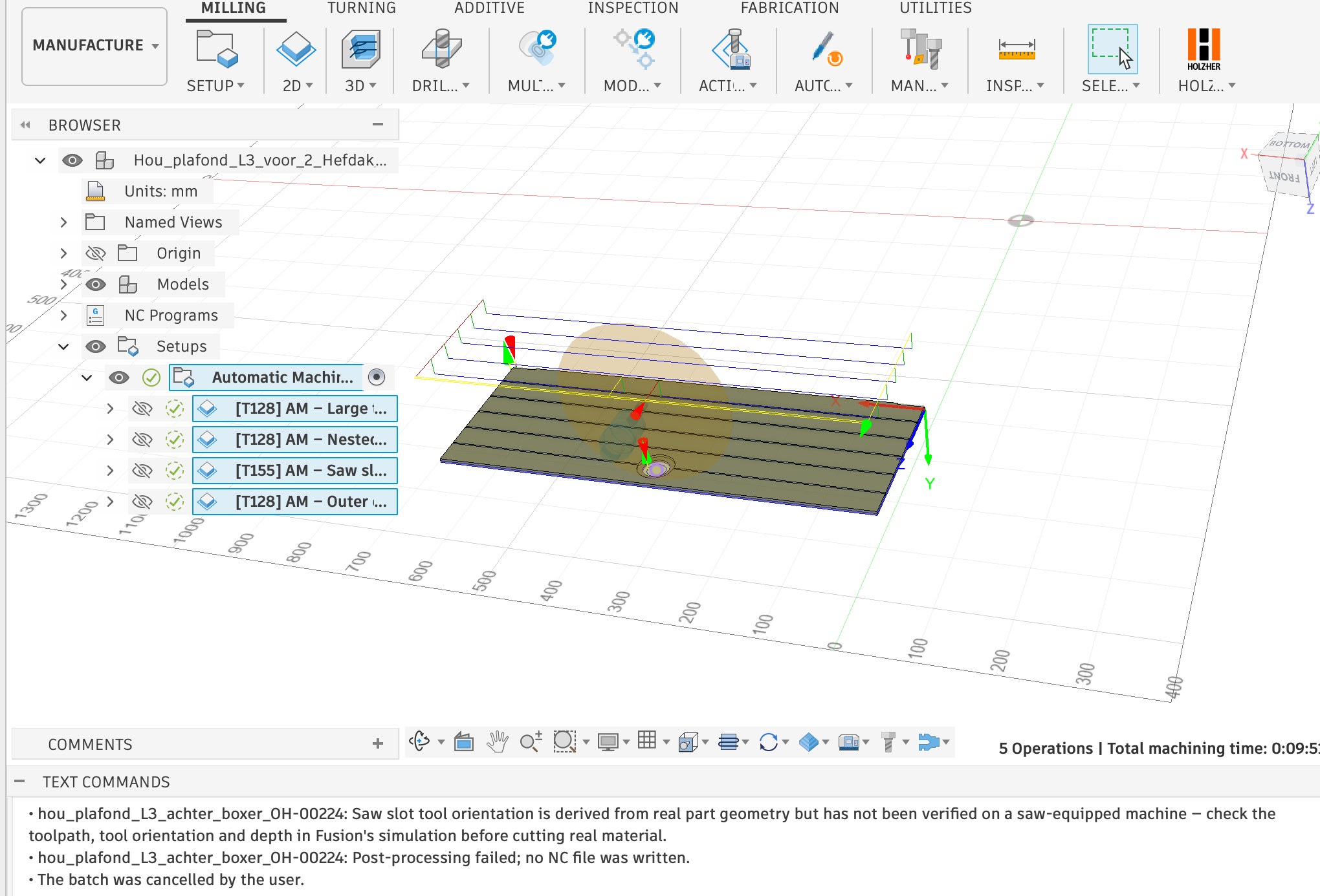 Automatic Machining generated CAM operation tree in Autodesk Fusion's Manufacture workspace, showing drilling, pocket, saw-slot, and contour operations with a completed toolpath simulation