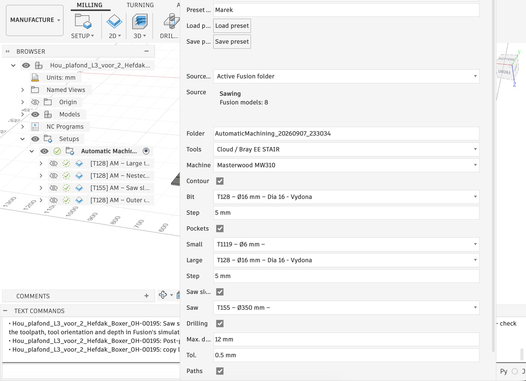 Automatic Machining configuration panel in Autodesk Fusion showing a saved preset, tool library and machine selection, and per-operation settings for contours, pockets, saw slots, and drilling
