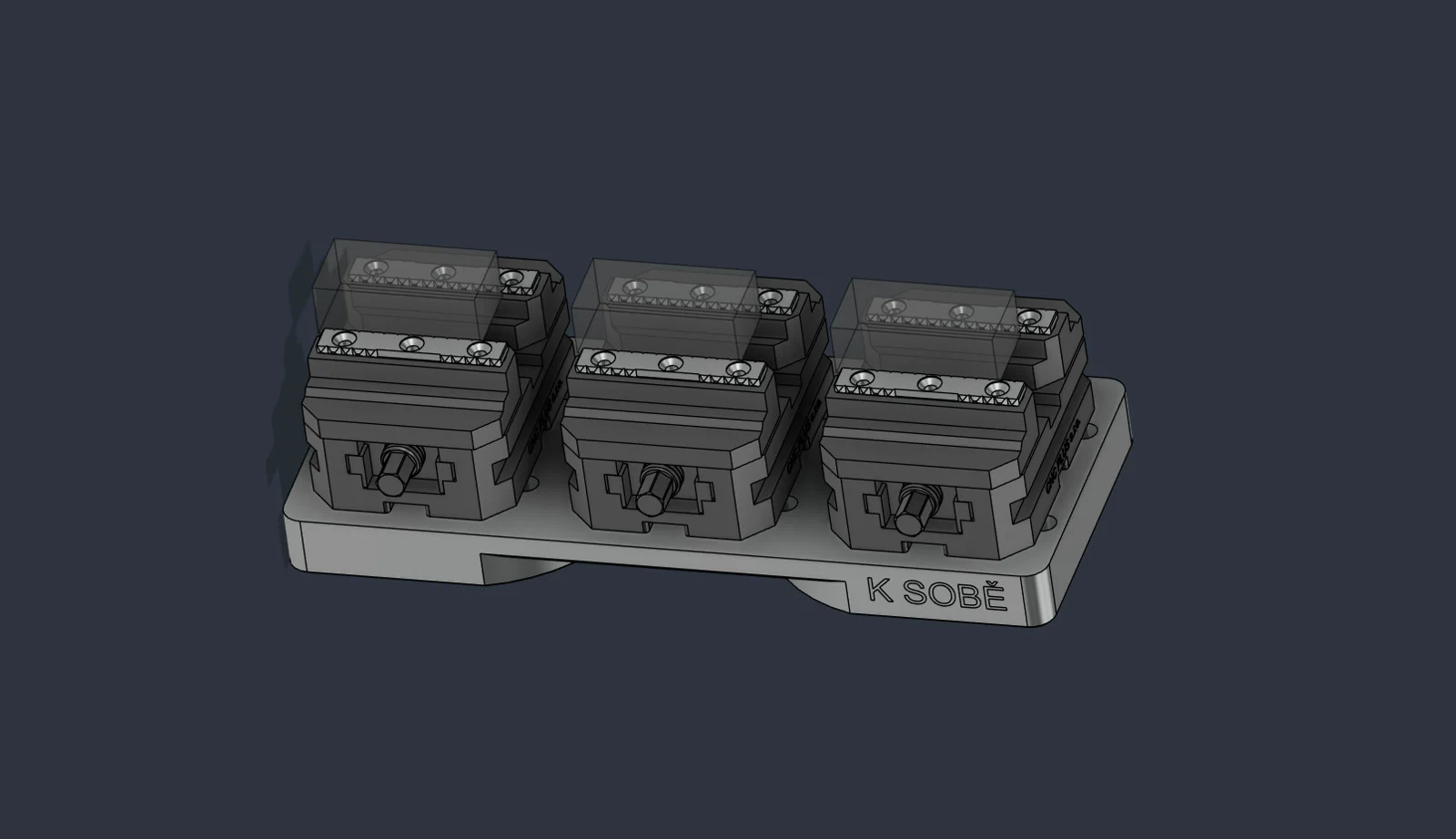 Model of three vises and three patterned stock positions in Autodesk Fusion CAM