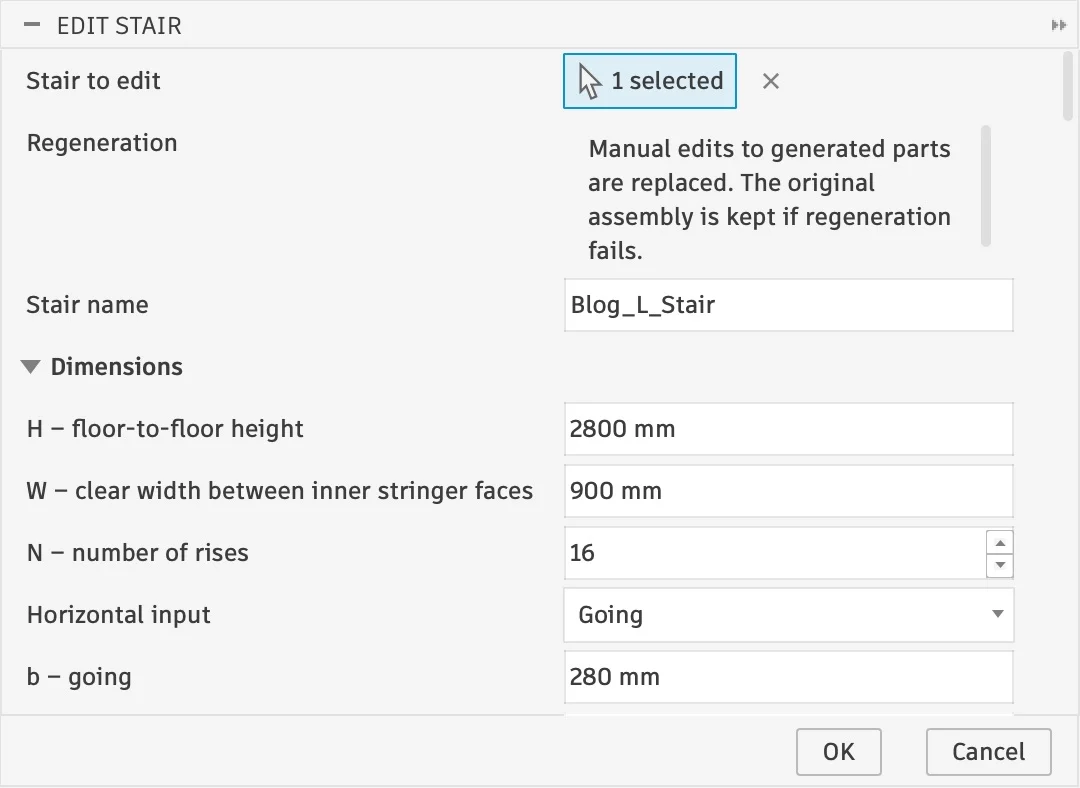 Edit Stair dialog in Fusion Stair Designer with dimensional and construction parameters