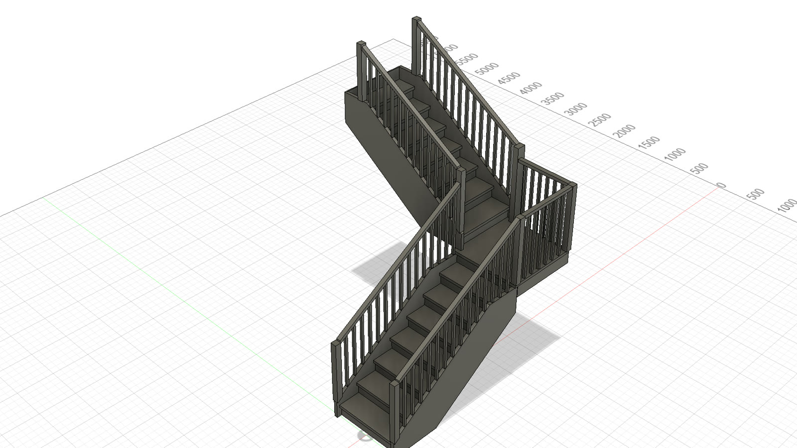 Parametric 3D model of an L-shaped staircase with a landing and guardrails in Autodesk Fusion