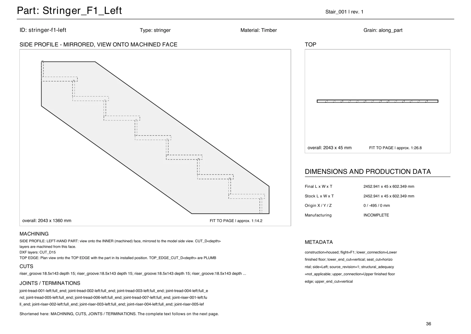 Manufacturing drawing of a left stair stringer with its profile, pockets and dimensions