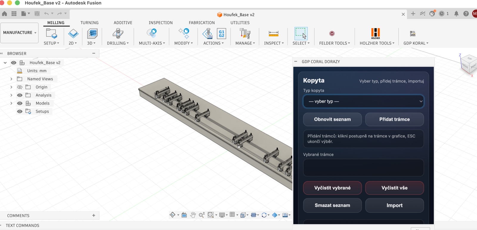 Autodesk Fusion add-on user interface for GDP Koral — managing fixtures and beams for the Houfek CNC machine