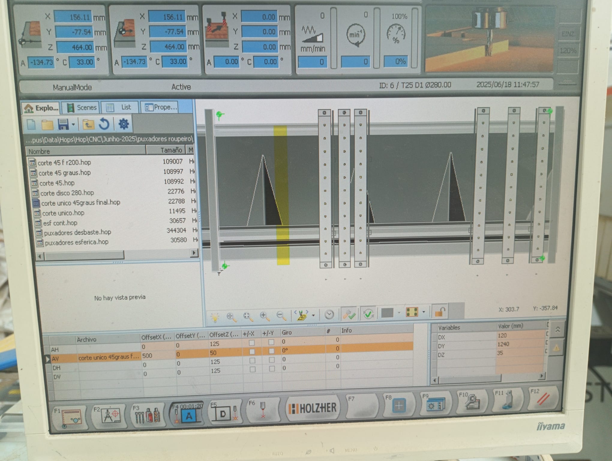 Holzher NC HOPS control panel showing offset variables for X, Y, and Z axes on the shop-floor screen