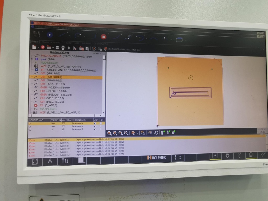 Holzher NC HOPS editor showing a 2D contour toolpath alongside a “Depth is greater than useable length” tool error message