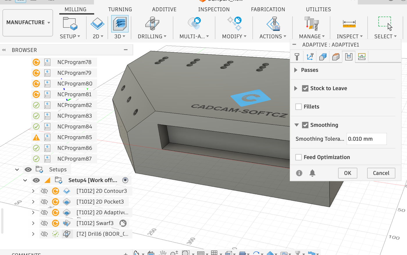 Opción Smoothing activada en una trayectoria Adaptive de Autodesk Fusion, con la tolerancia de smoothing ajustada a 0,010 mm