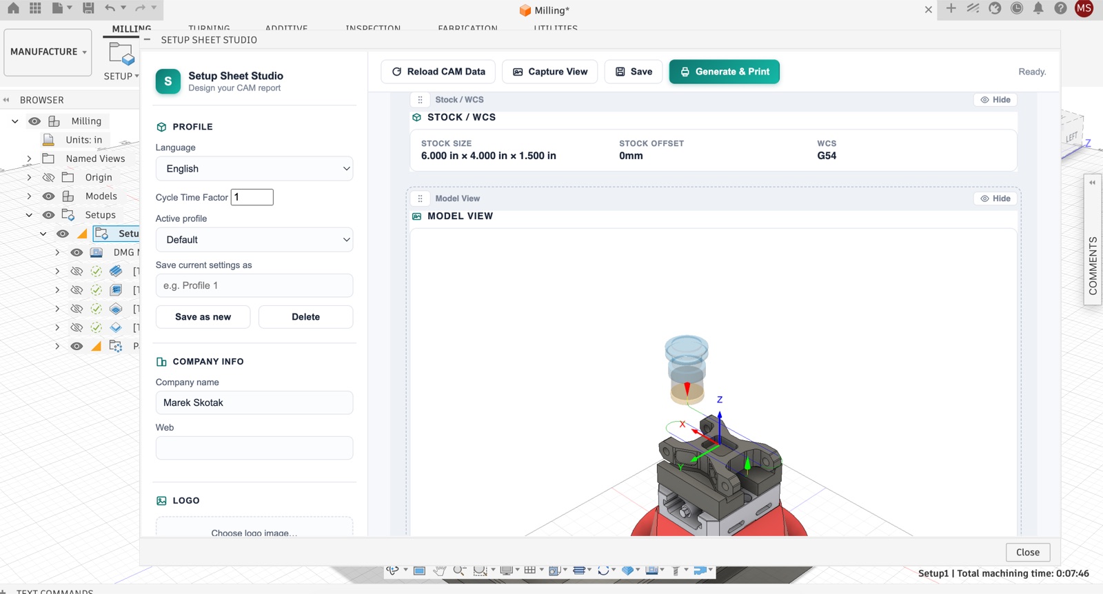 Setup Sheet Studio Konfiguratorfenster geöffnet im Manufacture-Arbeitsbereich von Autodesk Fusion, mit Firmendaten-Feldern und Live-Modellvorschau