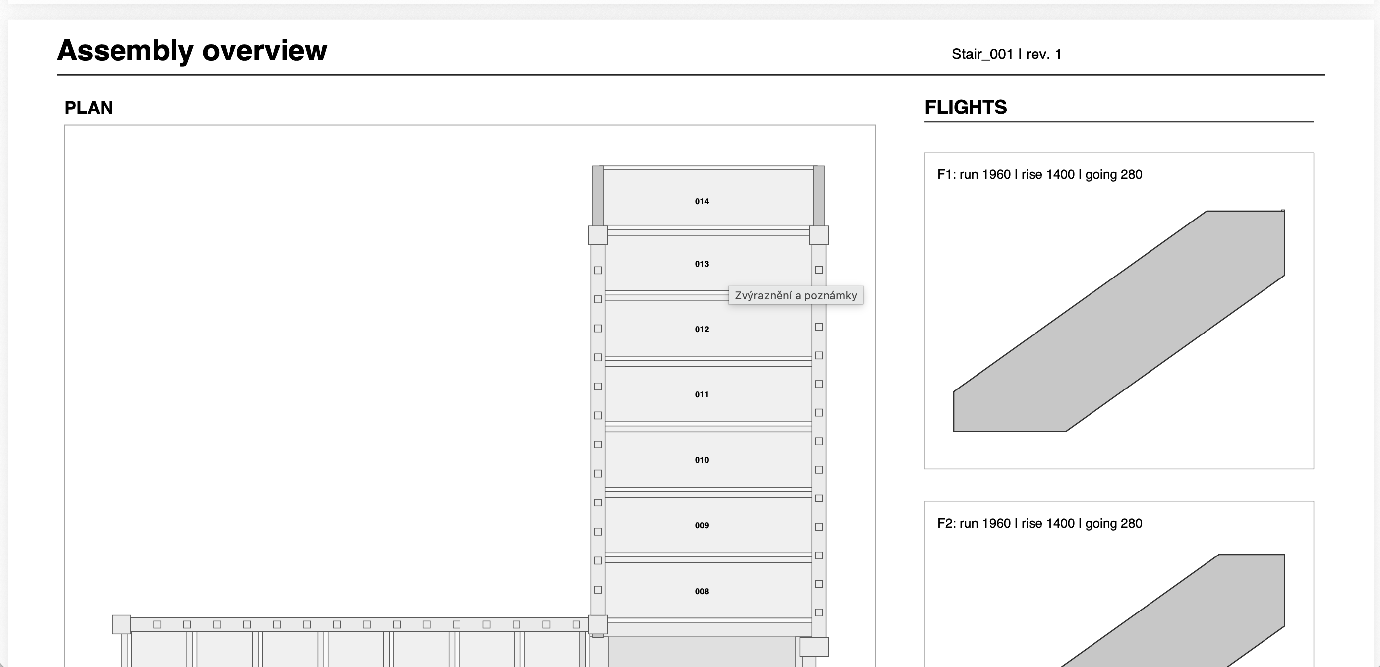 Assembly overview page from a Fusion Stair Designer production report