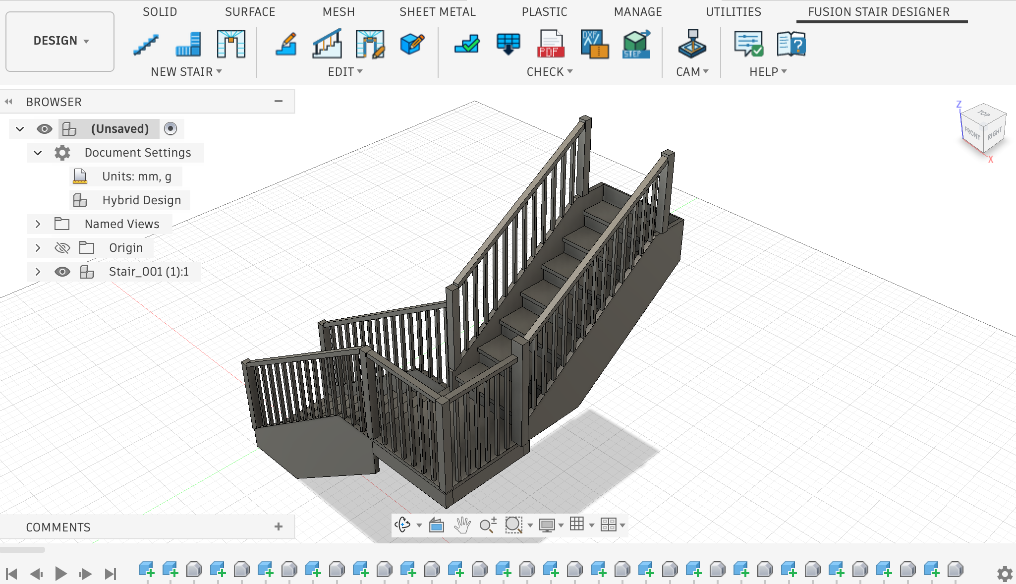 L-shaped timber stair with landing and railings generated in Autodesk Fusion