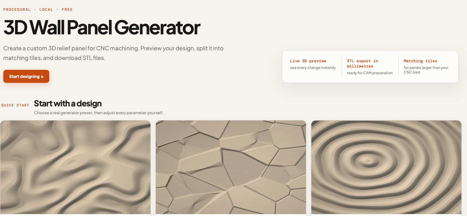 3D Wall Panel Generator page showing procedural CNC relief patterns