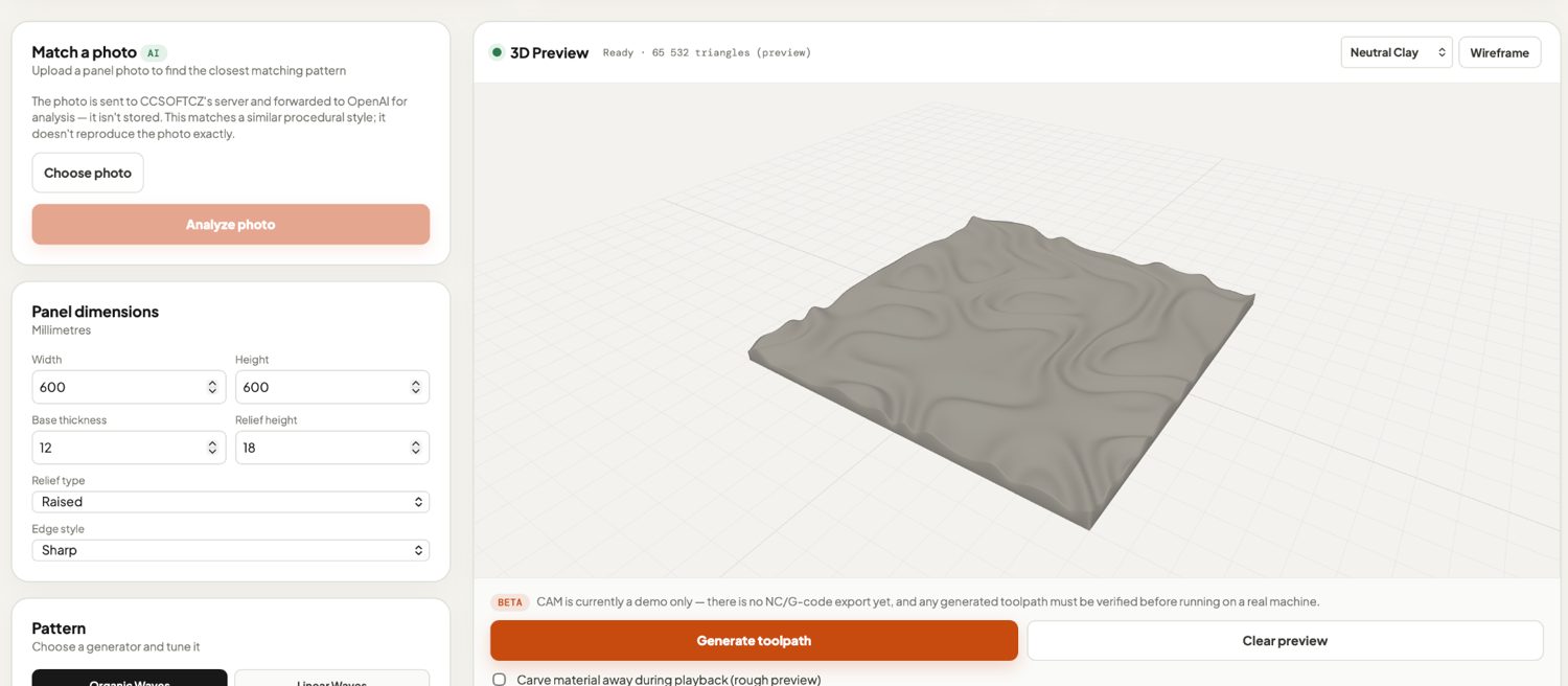 3D Wall Panel Generator workspace with panel dimensions, relief controls and a 3D preview