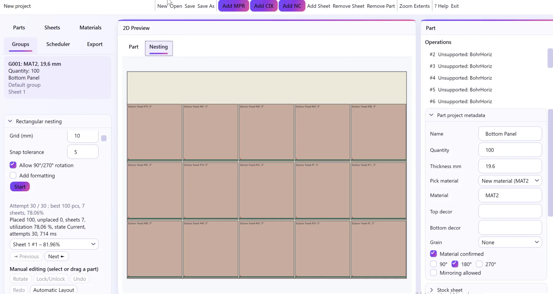 WOP Nesting Professional multi-sheet nesting result with one hundred parts