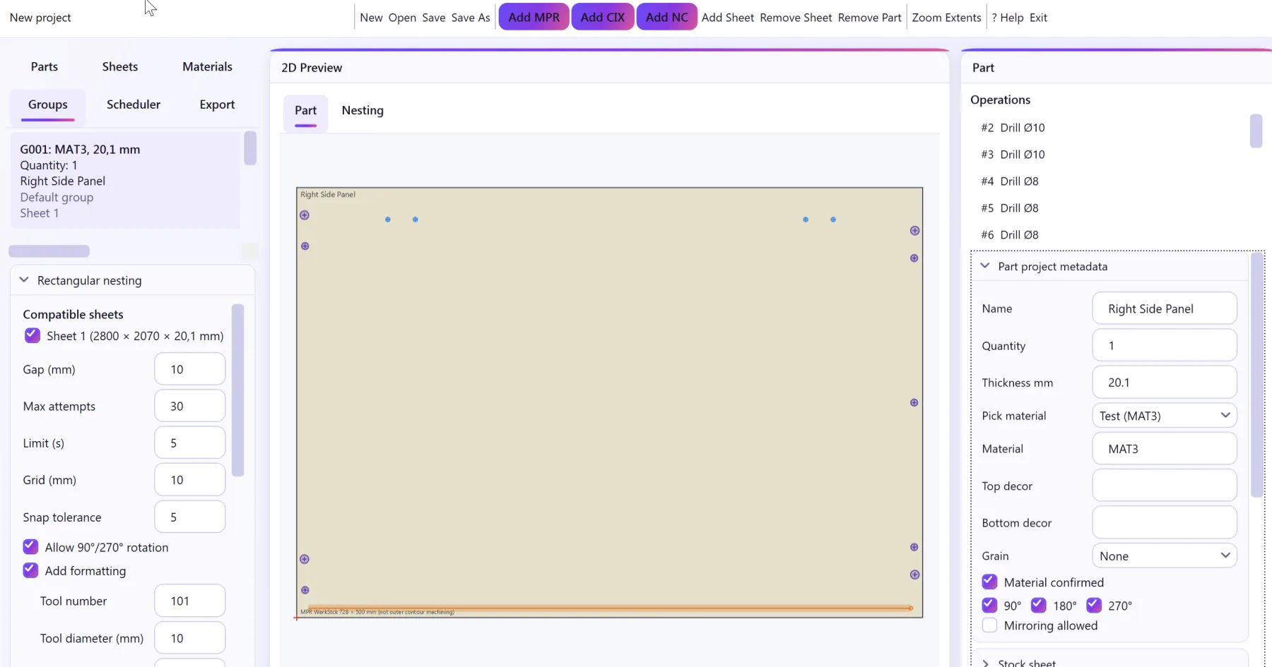 WOP Nesting Professional part preview and material settings